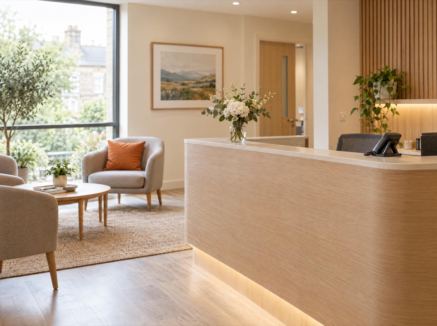 A calm, empty clinic reception desk in soft daylight