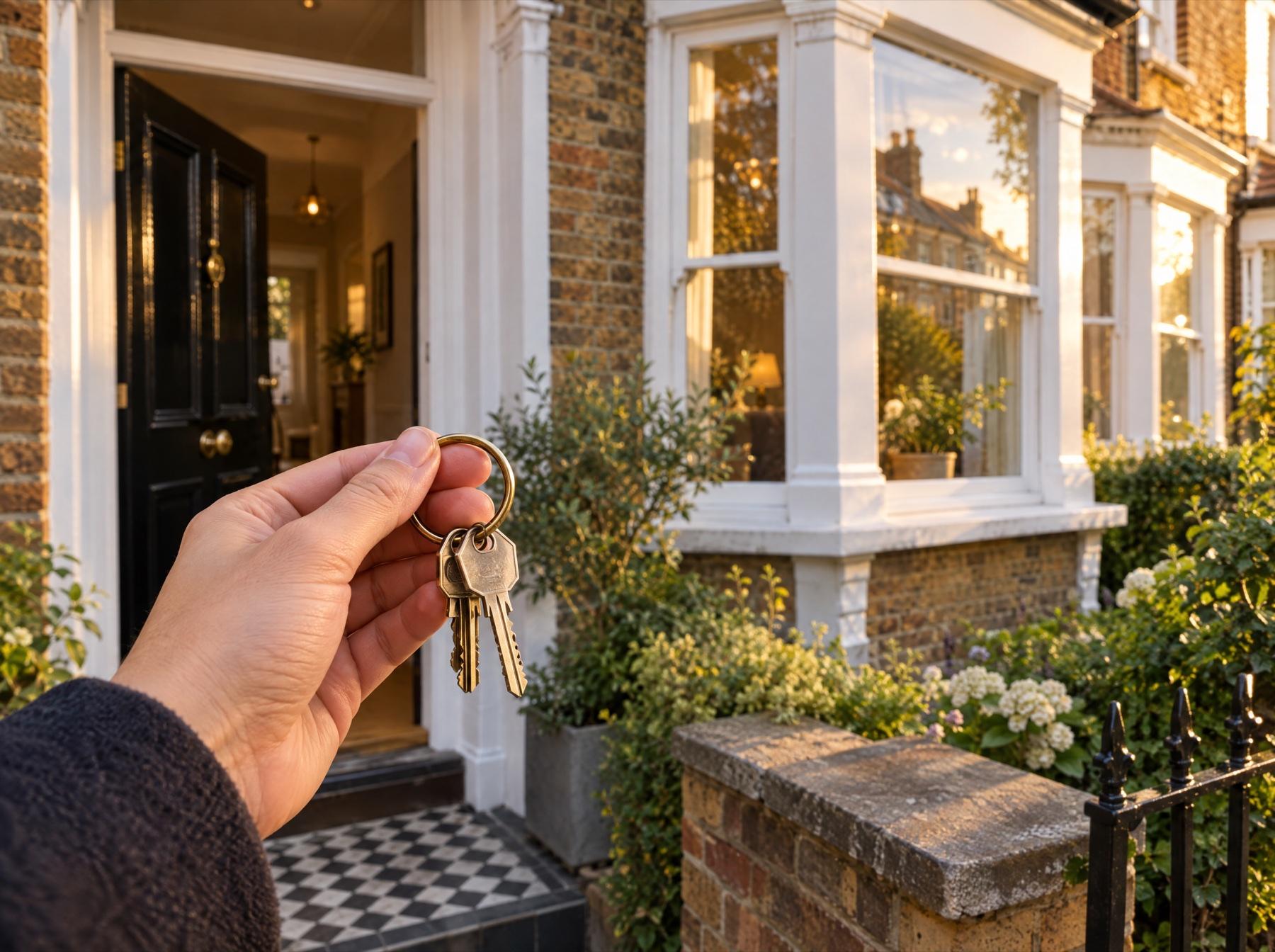 House keys held out in front of a Victorian terraced house