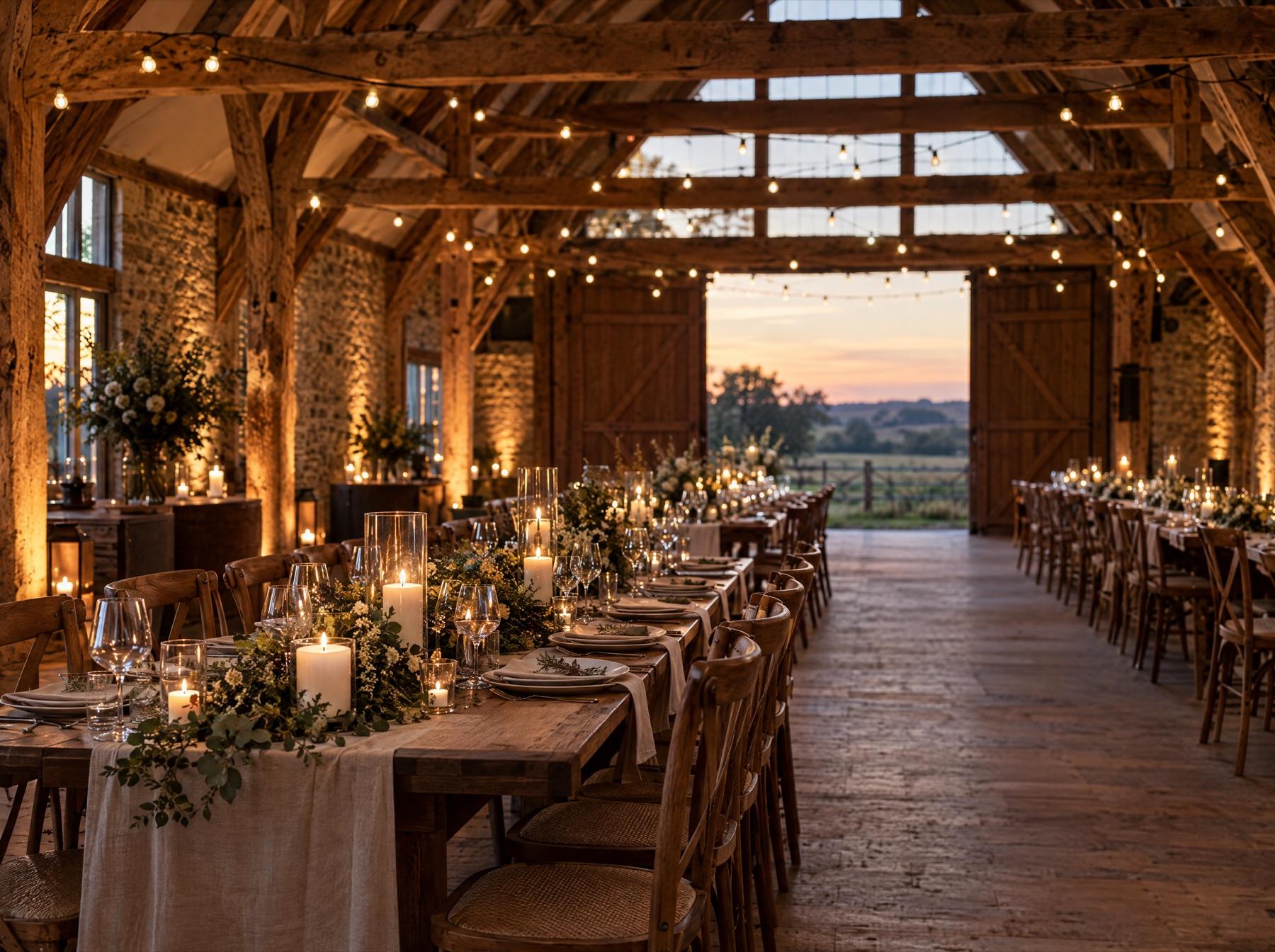 A barn venue laid for an evening reception, with candles and festoon lights