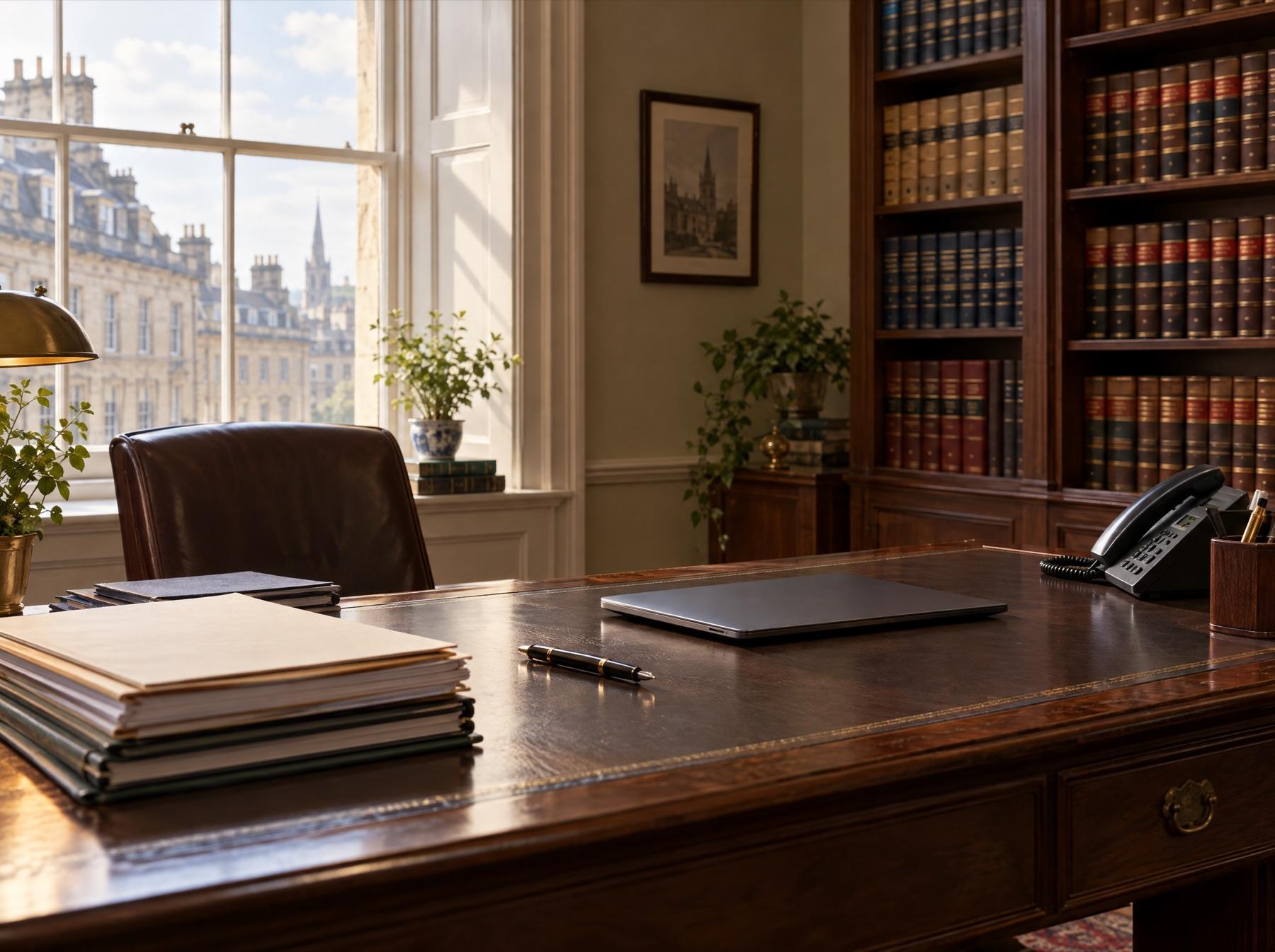 A solicitor's desk with documents and a pen beside a tall sash window